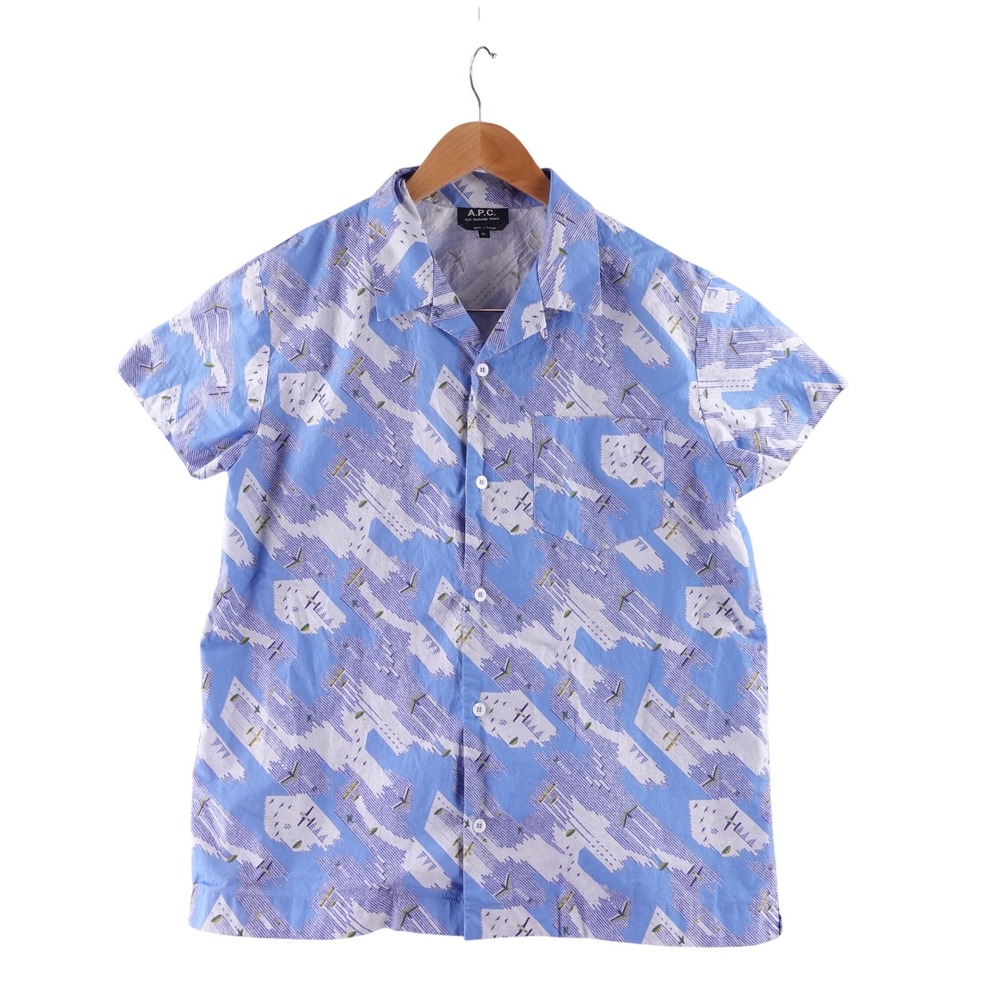 APC Men XL Blue Aviation Print Short Sleeve Cotton Button Down Shirt Loop Collar